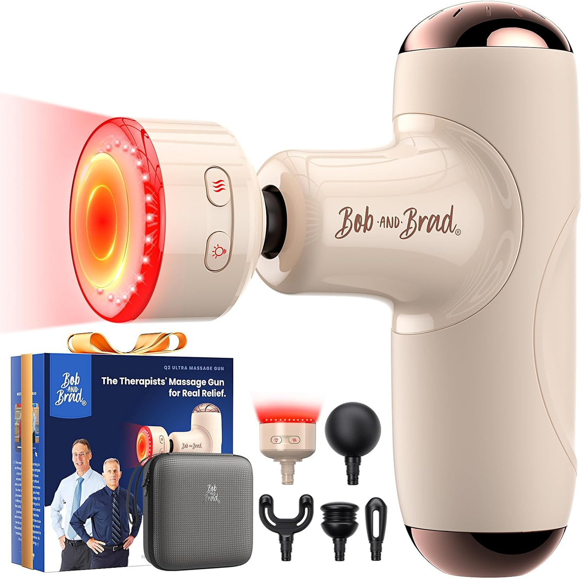 Bob and Brad massage gun set shown on a white background with the main handheld device, a red heat-light effect at the tip, 5 included accessories, a gray carrying case, and the retail box.