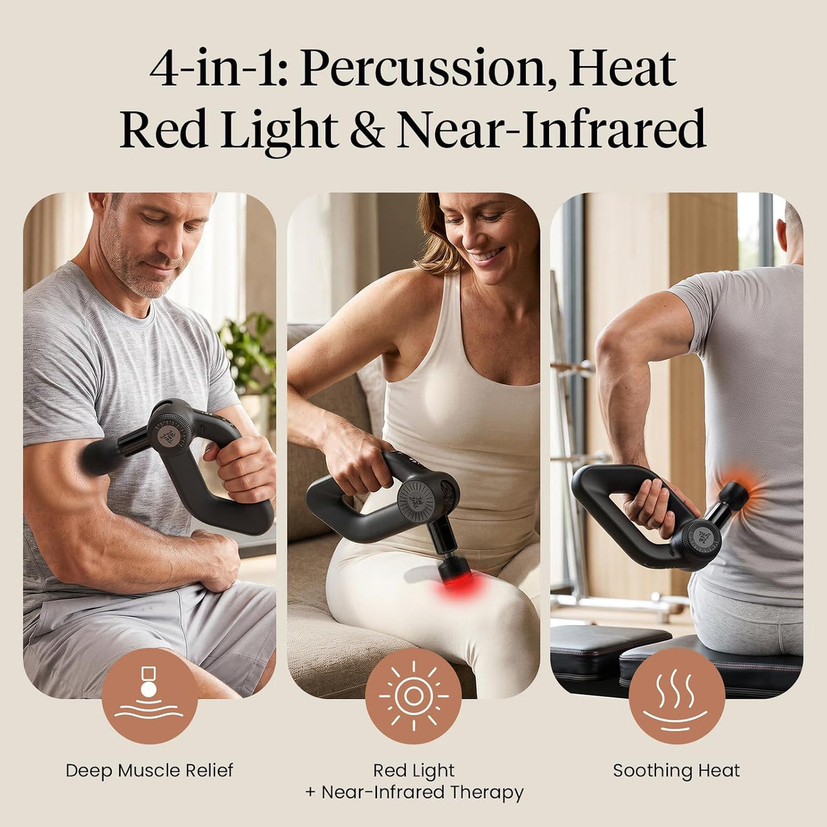 Men and a women using the D6 Ultra Max Massage Gun on the arm, leg, and back showing it's features: deep muscle relief, red light + near-infrared therapy, and soothing heat. 4-in-1: Percussion, Heat, Red Light, & Near-Infrared