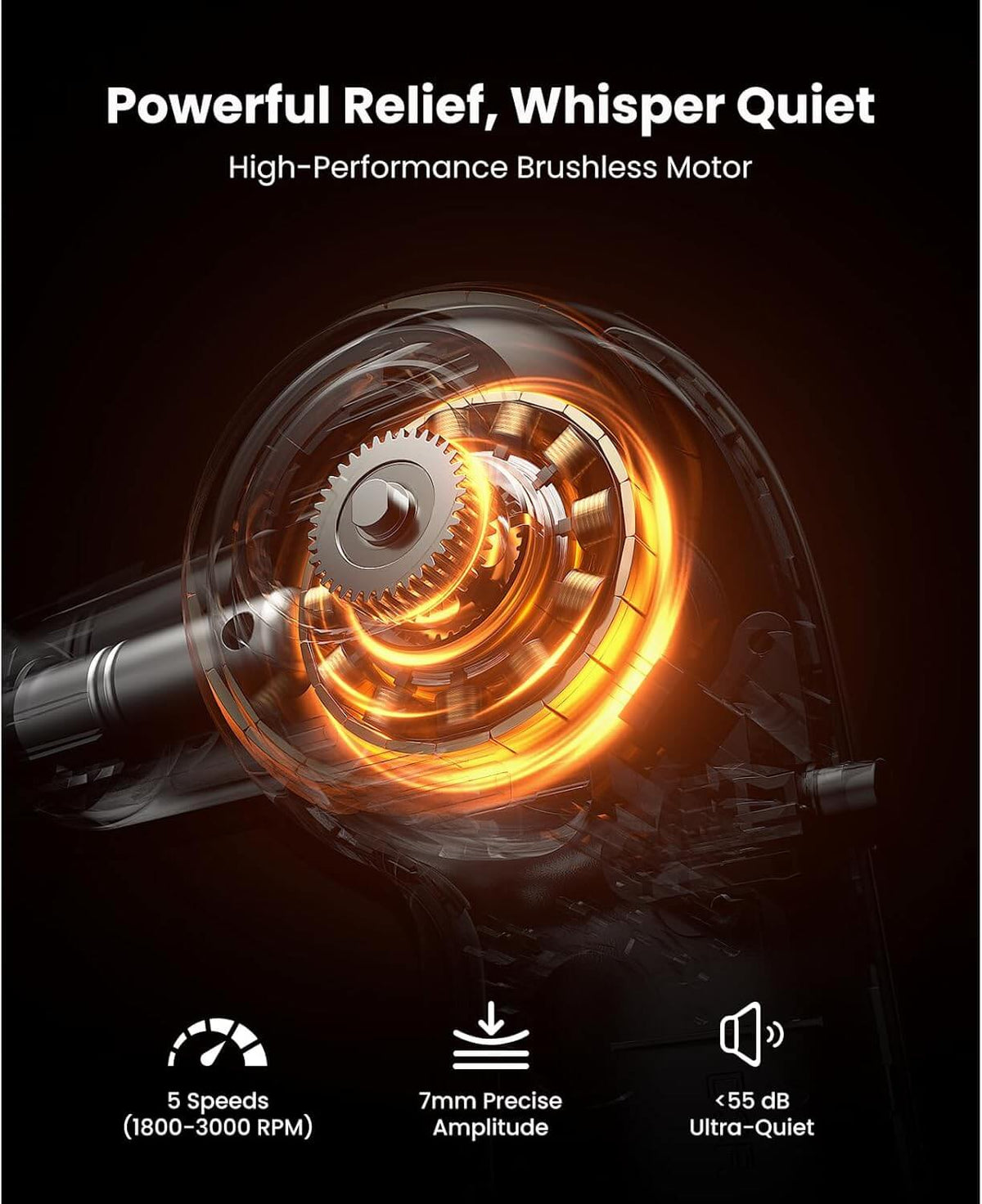 High-performance brushless motor with glowing interior on a dark background. Text includes: Powerful relief, whisper-quiet: high-performance brushless motor. 5 speeds (1800-3000 rpm), 7 mm precise amplitude, <55 dB ultra-quiet.