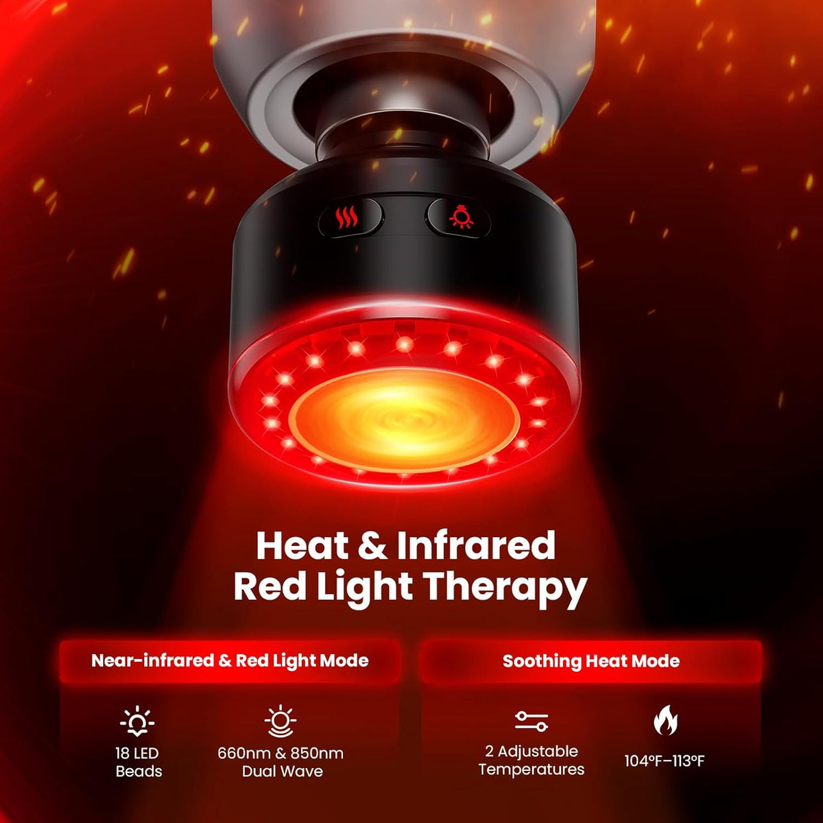 Heat and infrared red light therapy massage head with glowing red light on a dark background. Text includes: Heat & Infrared Red Light Therapy. Near-Infrared & Red Light mode: 18 LED beads, 660nm & 850nm Dual wave. Soothing Heat Mode: 2 adjustable temperatures, 104°F - 113°F.
