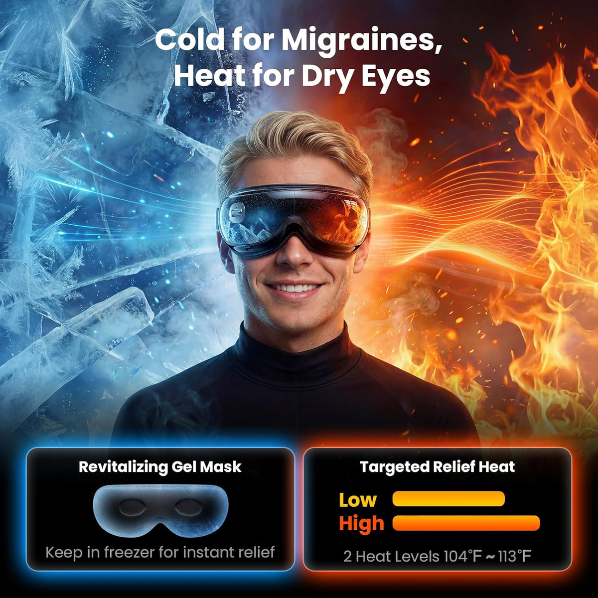 Person wearing an eye massager with icy and fiery background, promoting a product for migraines and dry eyes. Text includes: cold for migranies, heat for dry eyes. Revitialing Gel Mask, keep in the freezer for instant relief. Targeted relief heat: 2 heat levels, 104°F - 113°F