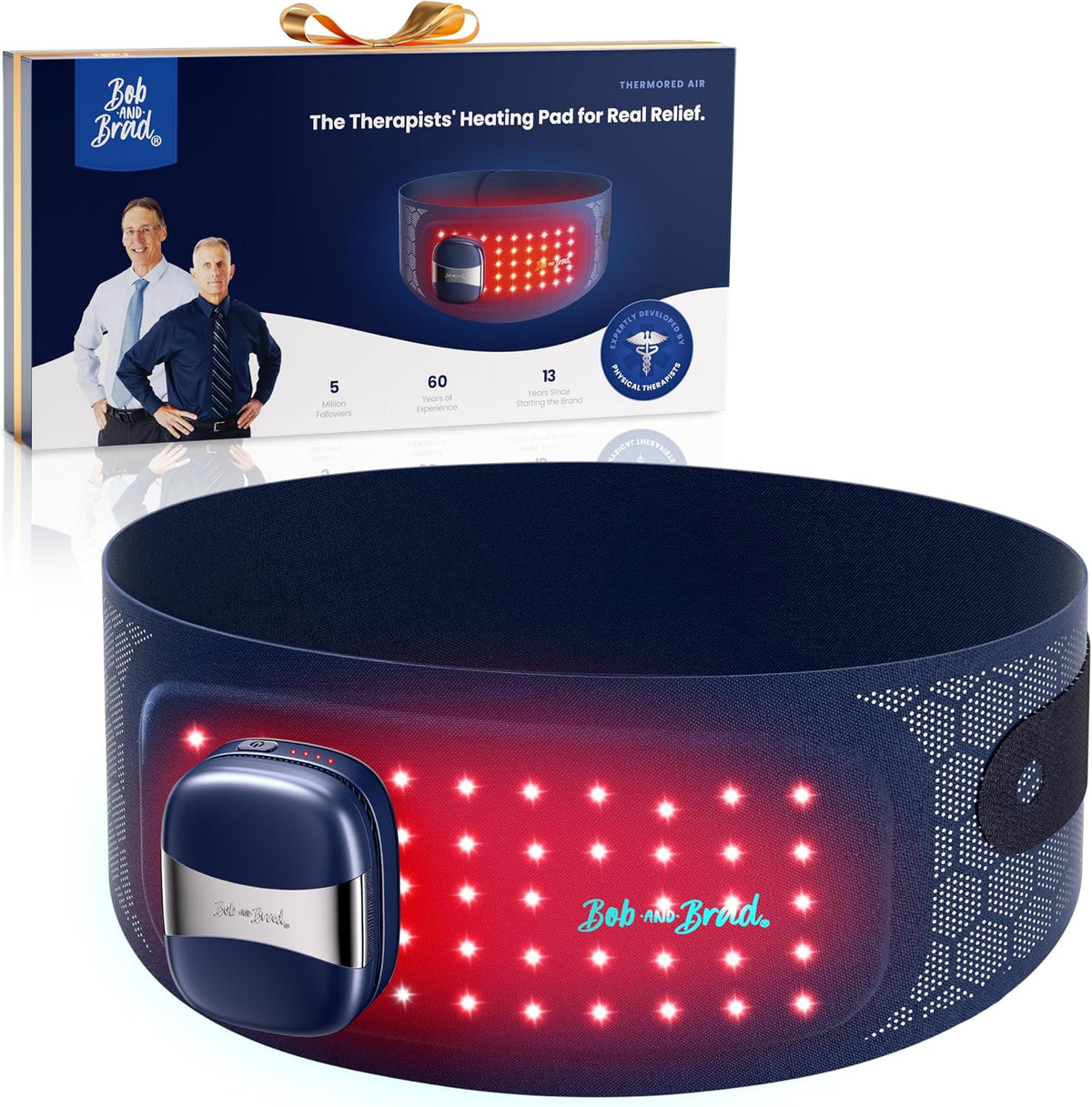 A Bob on Brad heated LED pad for around the waist, with its retail box in the background. The product is dark navy blue with a grid of glowing red LEDs and a matching dark blue control module.