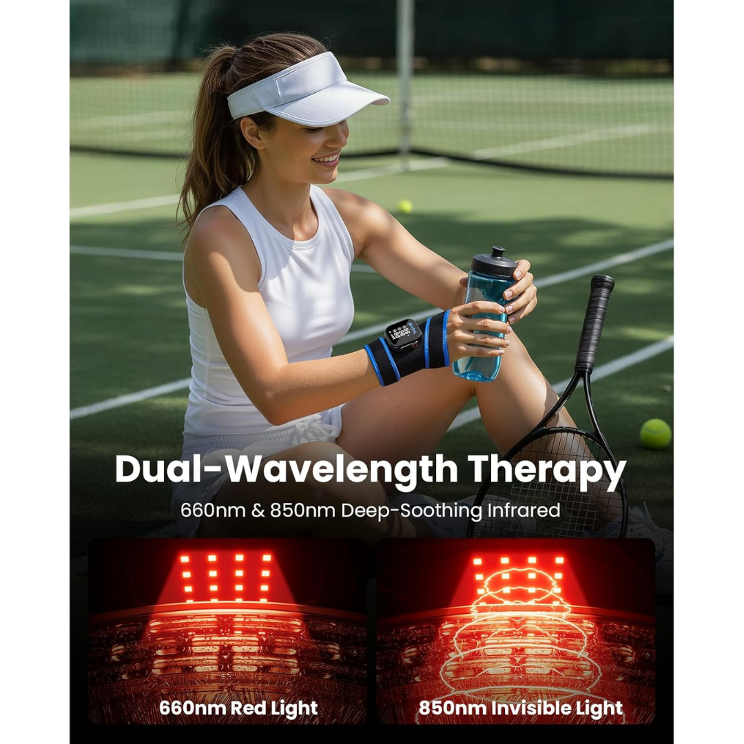 Woman on a tennis court with a water bottle and racket, wearing a visor and the TheraHeat Wrist Wrap, with text about dual-wavelength therapy. Text includes: 660nm Red Light 850nm Invisible Light, Deep-Soothing Infrared
