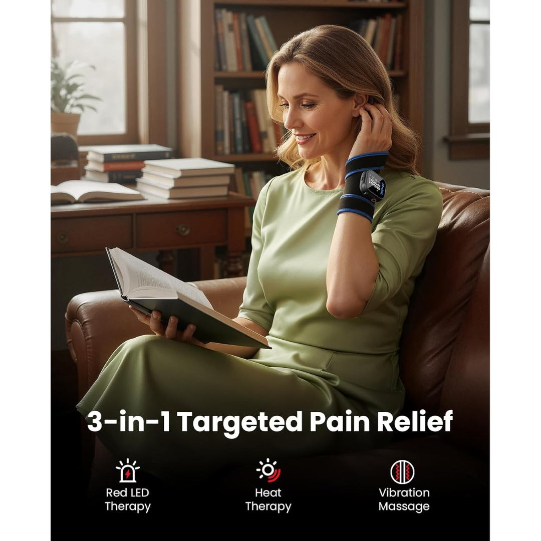 Woman sitting on a couch, reading a book with a TheraHeat Wrist Wrap on her wrist, surrounded by books and a desk. Text includes: 3-in-1 targeted pain relief: red LED therapy, heat therapy, vibration massage.