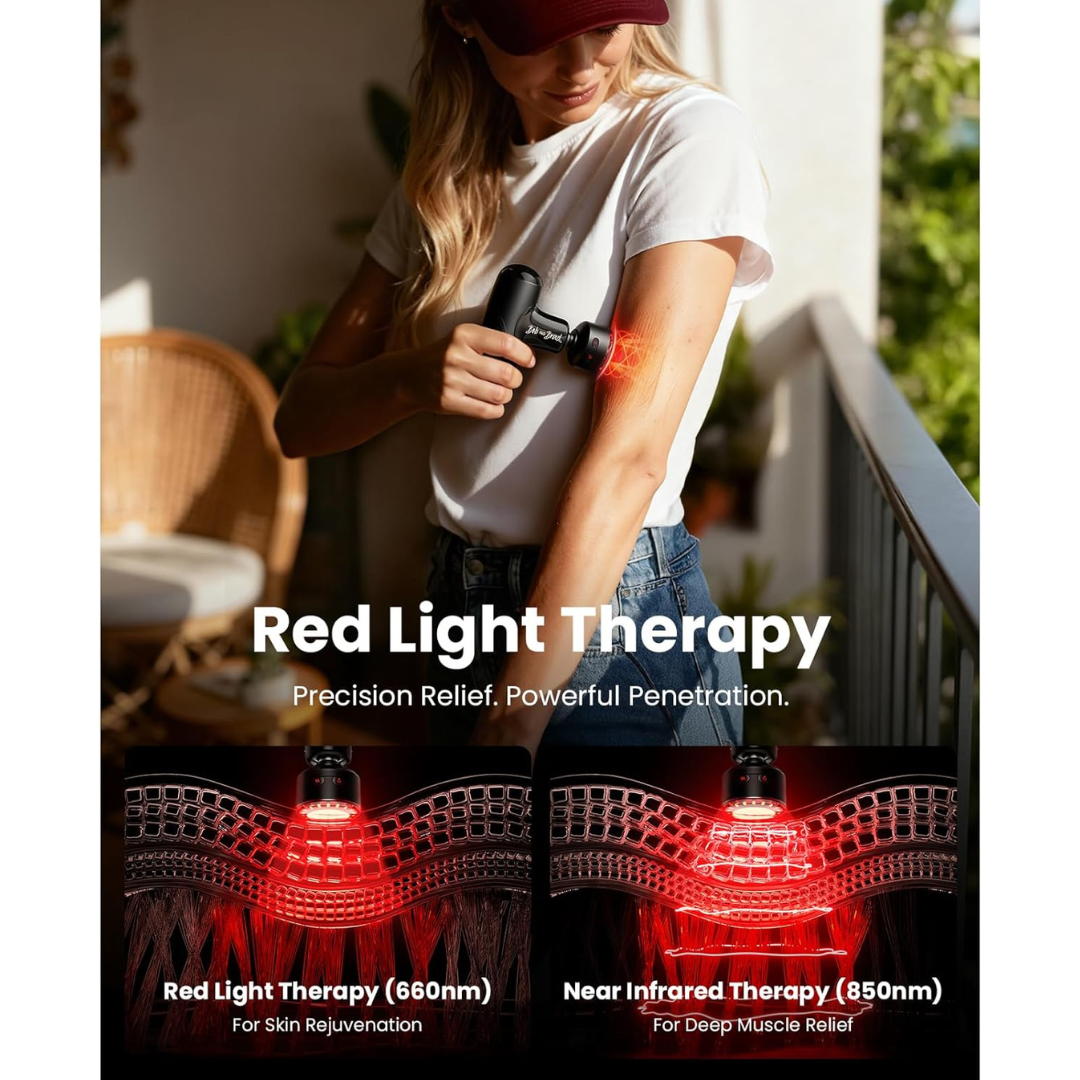 Person using a red light therapy head on a massage gun on their arm, with text about the benefits of red light therapy. Text includes: Red Light Therapy: precision relief. Powerful penetration. Red Light Therapy (660nm) for skin rejuvenation. Near Infrared Therapy (850nm) for deep muscle penetration.