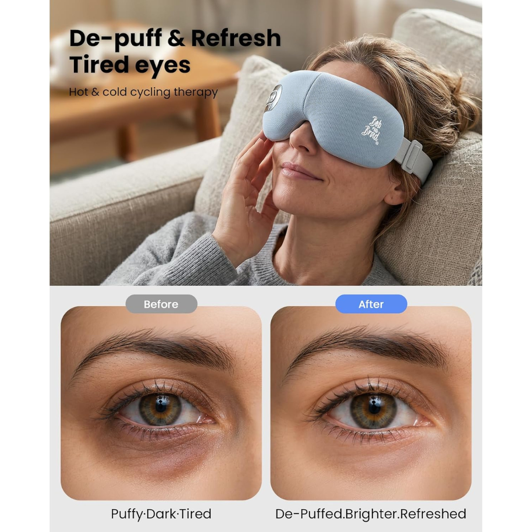 A woman is wearing a light blue eye massager with text 'De-puff & Refresh Tired eyes' and 'Hot & cold cycling therapy'. Before and after effects on eyes shown.
