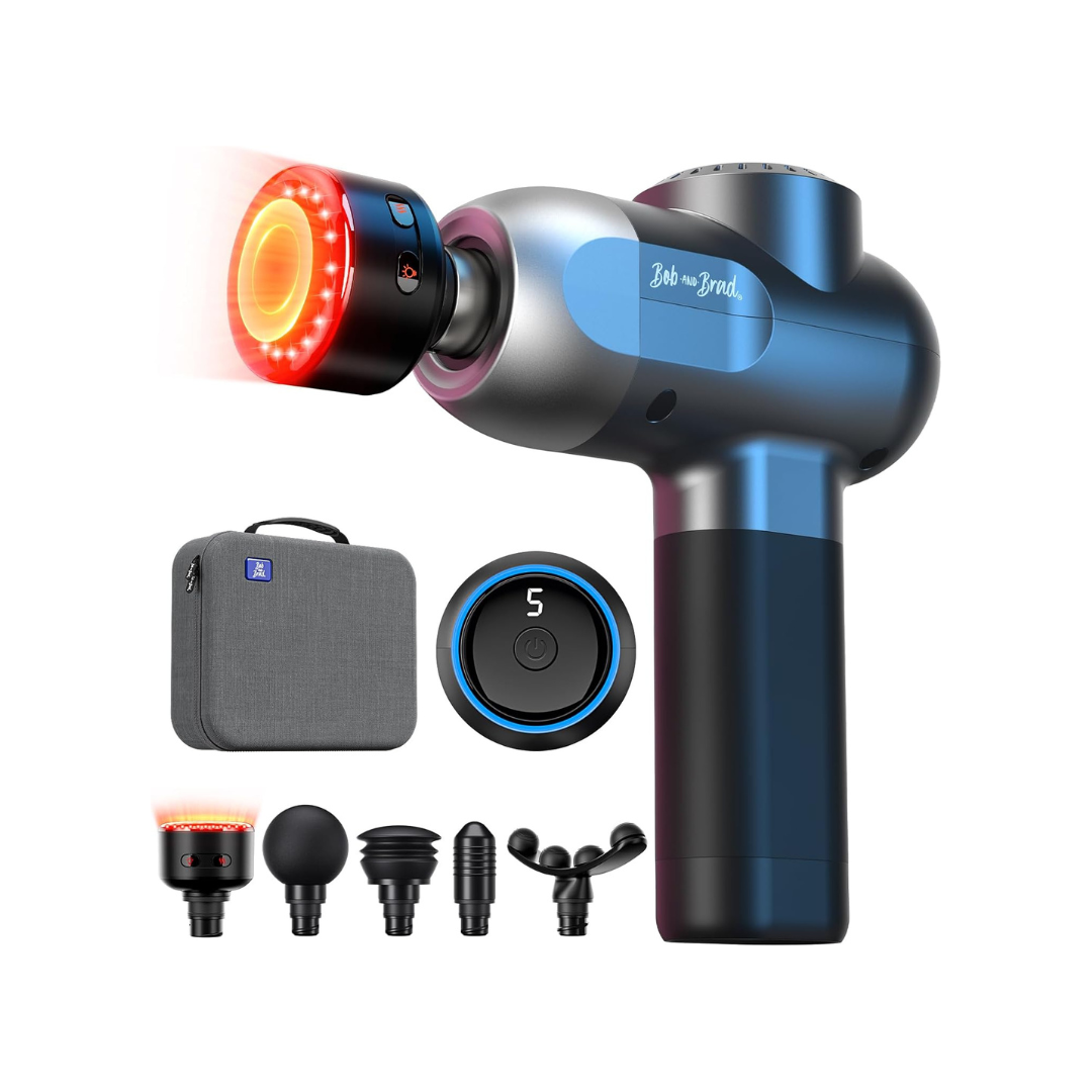 C2 massage gun with 5 attachments, including the red light head, and case on a white background