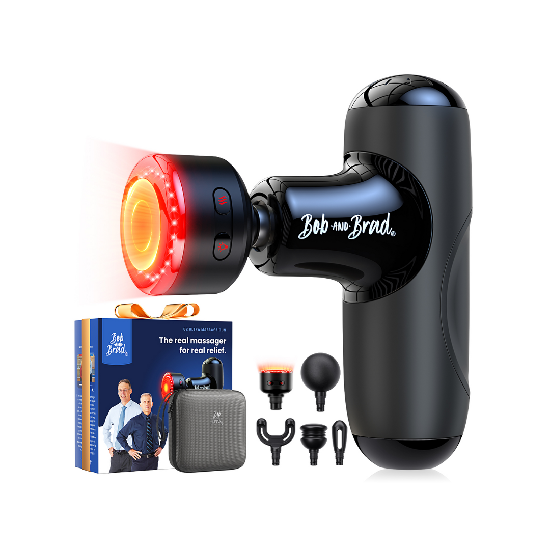 Bob and Brad Q2 Ultra massage gun with 5 attachments on a white background
