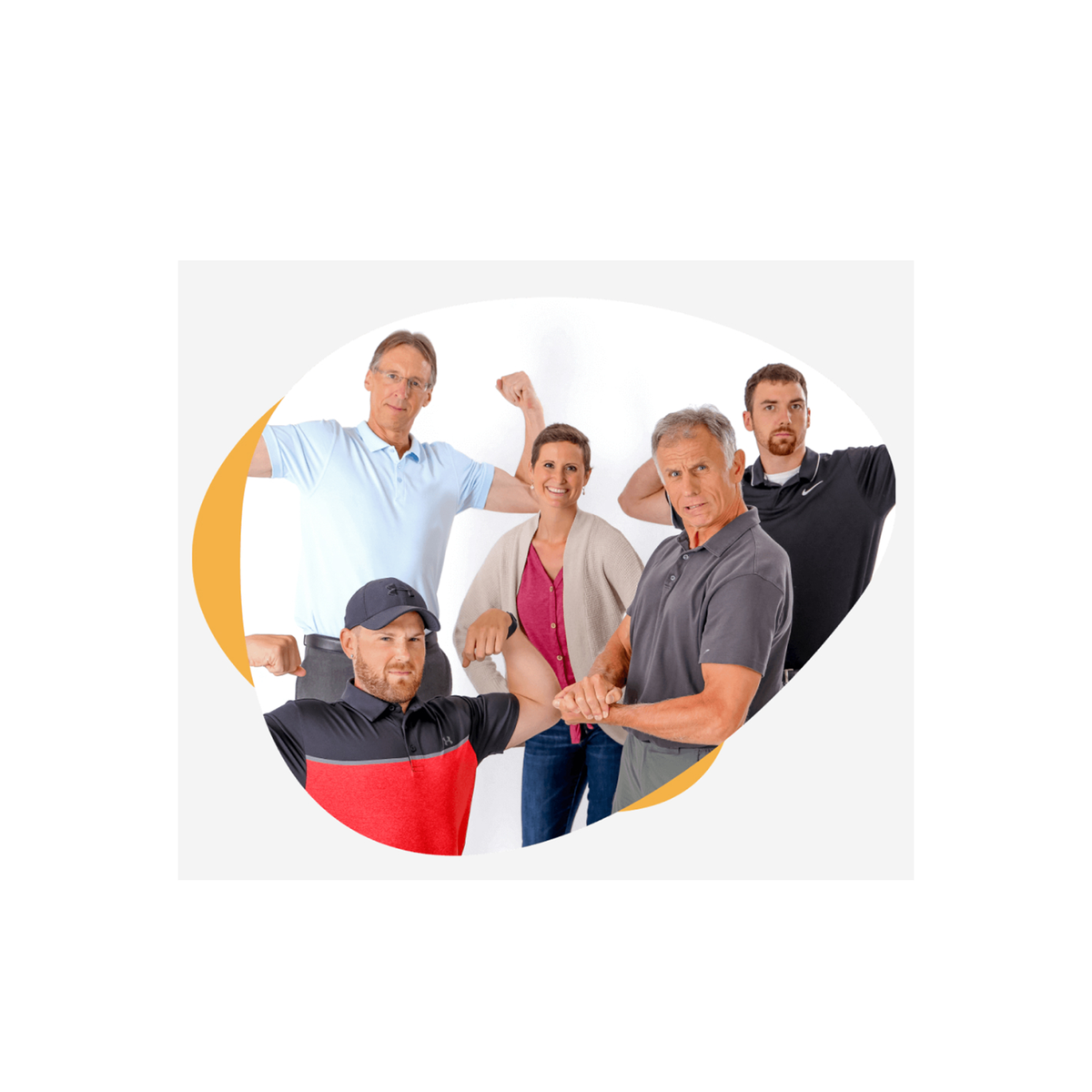 The Bob and Brad team, Bob, Brad, Mike, Liz, and Alex, posing together inside a white oval frame with yellow and orange graphic accents on a light gray background.