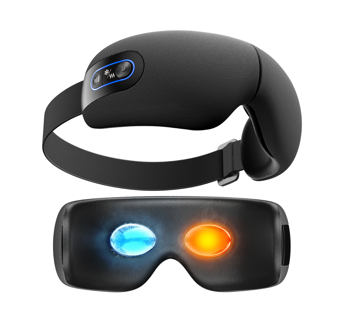 Black eye massager with cooling blue and warm red patch over the eye.