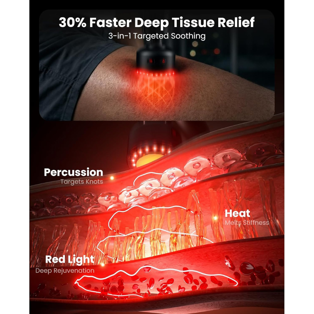 Product with red light therapy feature and text about deep tissue relief. Text includes: 30% Faster deep tissue relief, 3-in-1 targeted soothing. Percussion targets knots, heat melts stiffness, and red light for deep rejuvenation.