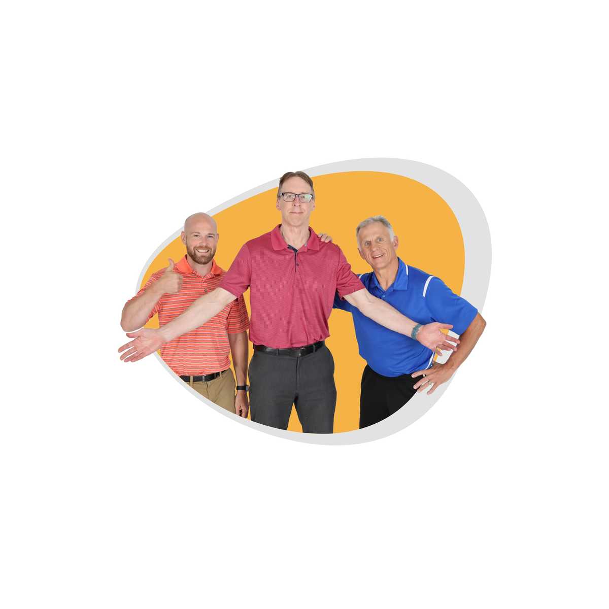Mike, Bob, and Brad standing together inside an abstract orange and white oval graphic on a light gray background, wearing different colored polo shirts.