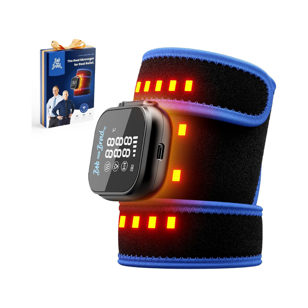 Heated wrist support with digital display and blue casing, accompanied by a product packaging.