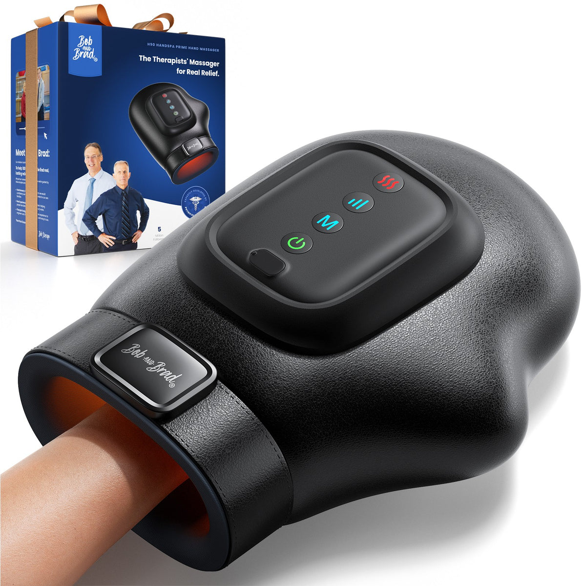 Black handheld device with digital display and control buttons, next to a branded box on a white background.