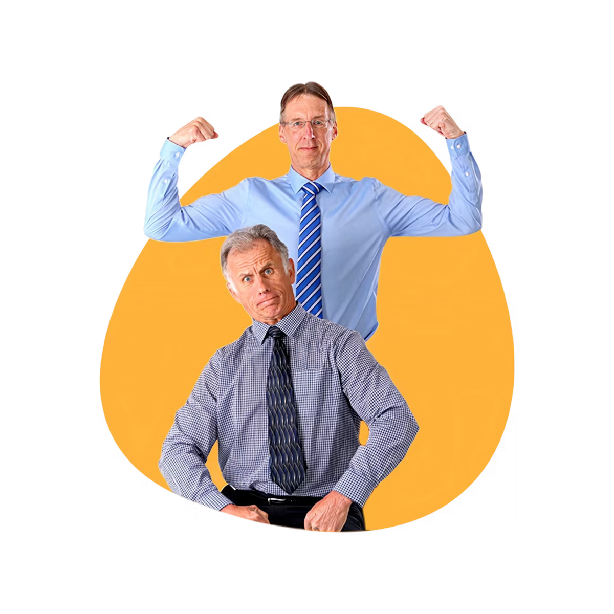 Bob and Brad, in business attire, posed in front of a yellow abstract shape on a white background. Bob, the man behind, wears a light blue dress shirt and a striped tie, flexing his arms, while Brad in front wears a gray checkered dress shirt and a dark tie.