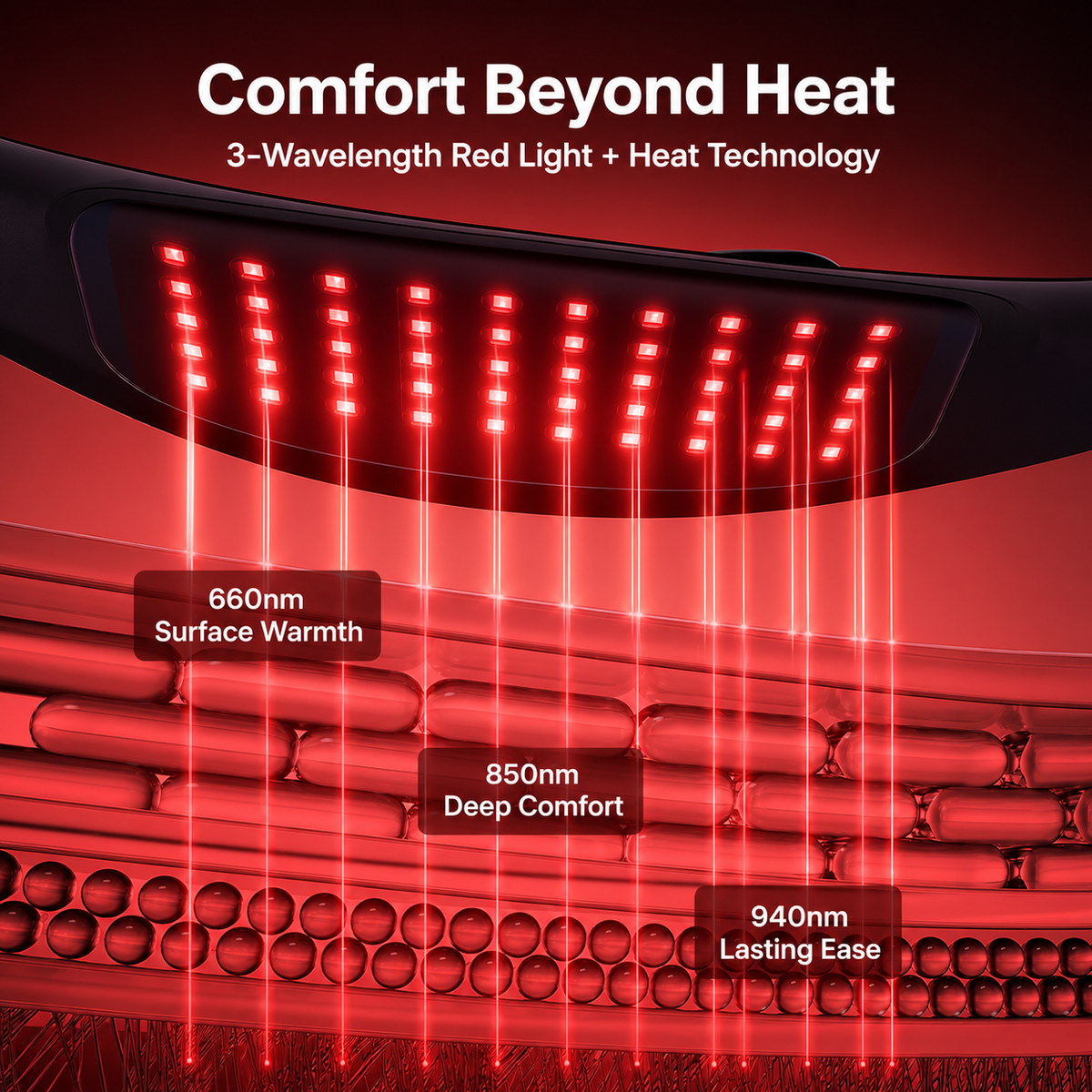 Red light therapy panel on the ThermoRed Air belt with glowing red LED lights and text overlays explaining 3-wavelength red light and heat technology, including 660nm surface warmth, 850nm deep comfort, and 940nm lasting ease.