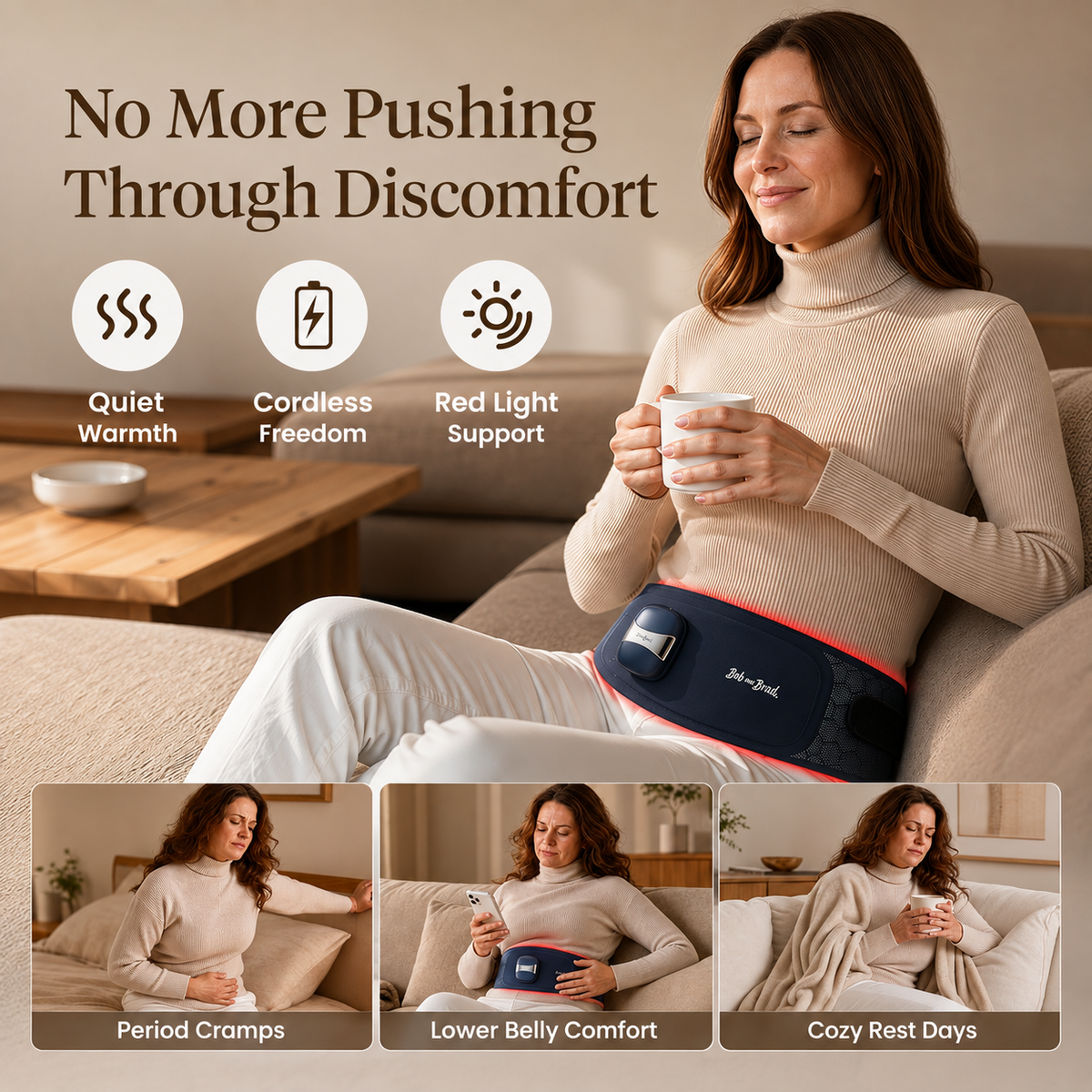 A woman reclining on a couch holds a mug while wearing a dark blue heated LED belt with a red glow. The image includes marketing text reading 'No More Pushing Through Discomfort' and three feature callouts: Quiet Warmth, Cordless Freedom, and Red Light Support. Ideal for period cramps, lower belly comfort, and cozy rest days.
