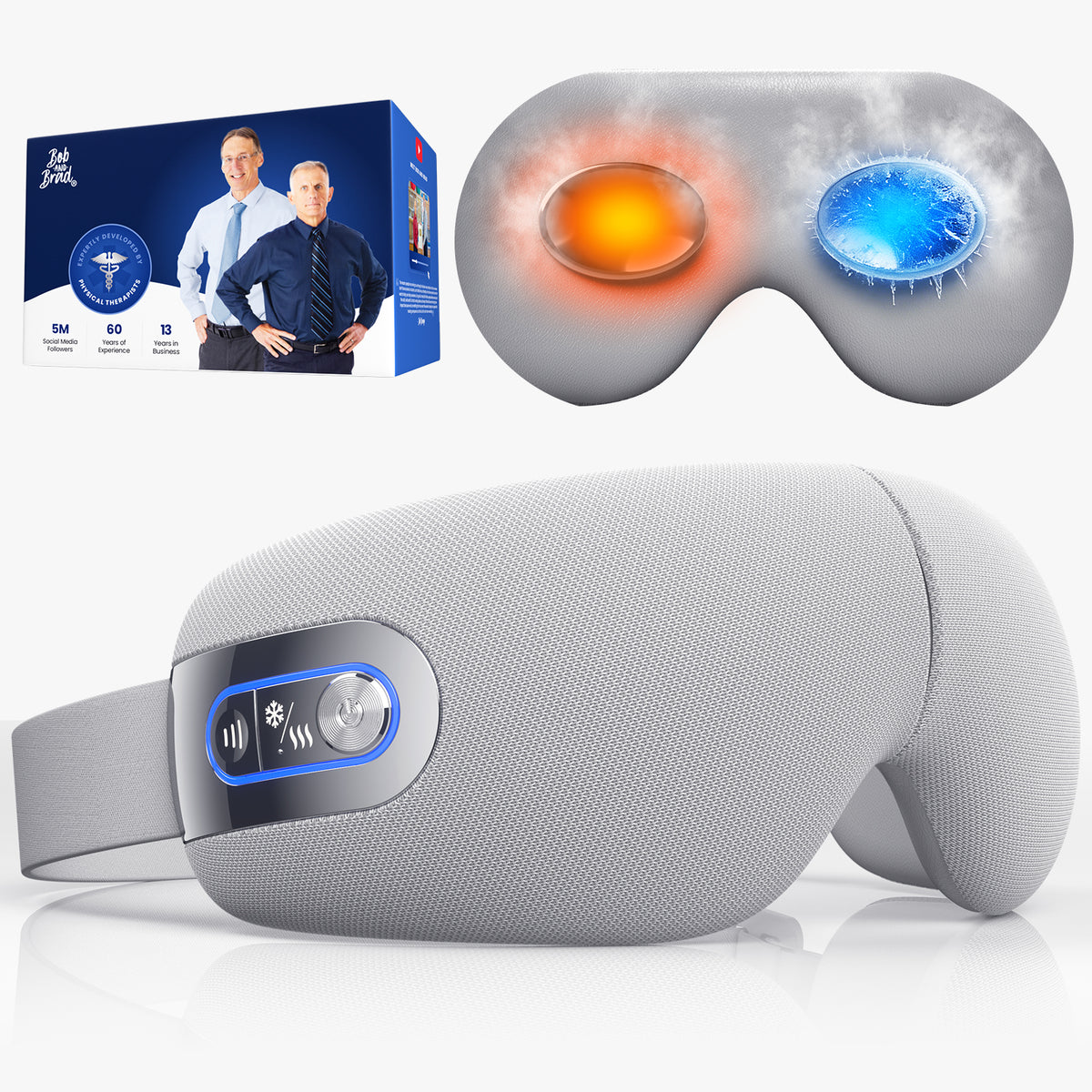Gray eye massager with heat and cold lights, next to a blue and white packaging box.