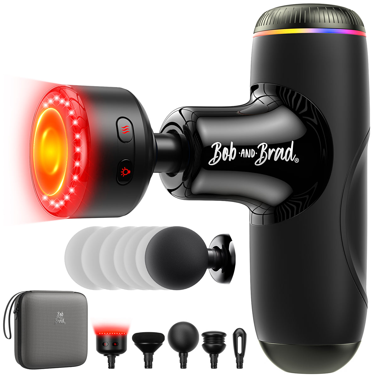 Black massage gun with 5 attachments and carrying case on a white background, featuring the Bob and Brad brand. 