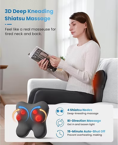 A woman sits on a white sofa reading a magazine while using a black Shiatsu massage lumbar pillow, shown with feature callouts and a product diagram at the bottom. The product is described as offering 3D deep kneading shiatsu massage.
