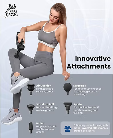 Women sitting using a Bob and Brad massage gun on her calf. Text includes: Innovative attachments: Air Cushion- for those extra sensitive areas. Large Ball- for large muscle groups like quads, glutes and hamstrings. Standard Ball- for small and large muscle groups. Spade- for shoulder blades, IT bands, scraping and flushing. Bullet- for pinpoints and smaller muscle groups. Enhance your well-being with the re-invented attachments crafted by experts. 