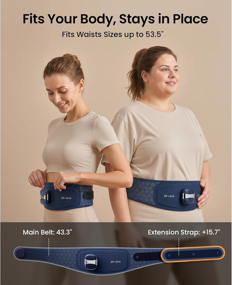 Two women modeling a navy blue heated wrap with adjustable straps, shown against a beige background with text highlighting fit and measurements. The bottom includes a measurement graphic showing the main belt: 43.3" and the extension strap: +15.7". Fits waist sizes up to 53.3"