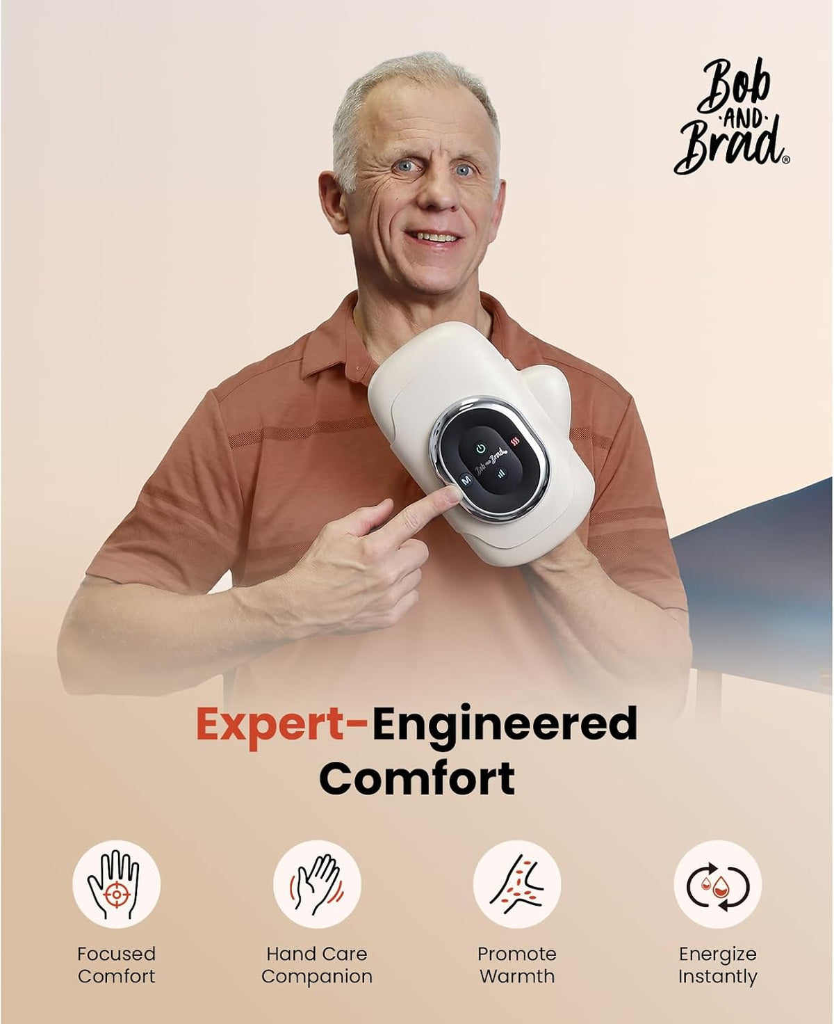 Brad in a rust-brown shirt, holds a white hand massager against a soft beige background with promotional text and feature icons. Text includes: Expert-Engineered Comfort: focused hand comfort, hand care companion, promotes warmth, energizes instantly
