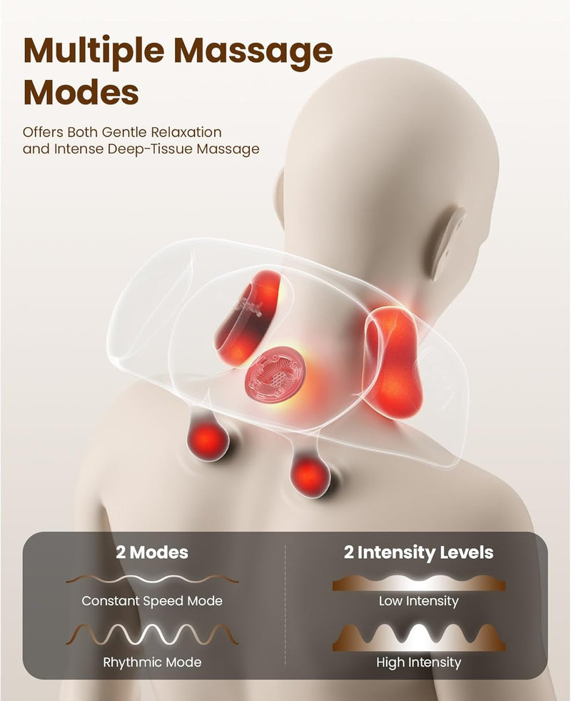 Massage device with massage modes and intensity levels on a neutral background. Text includes: Multiple Massage Modes: offers both gentle relaxation and intense deep-tissue massage. 2 Modes: constant-speed mode, rhythmic mode. 2 Intensity levels: low intensity, high intensity. 
