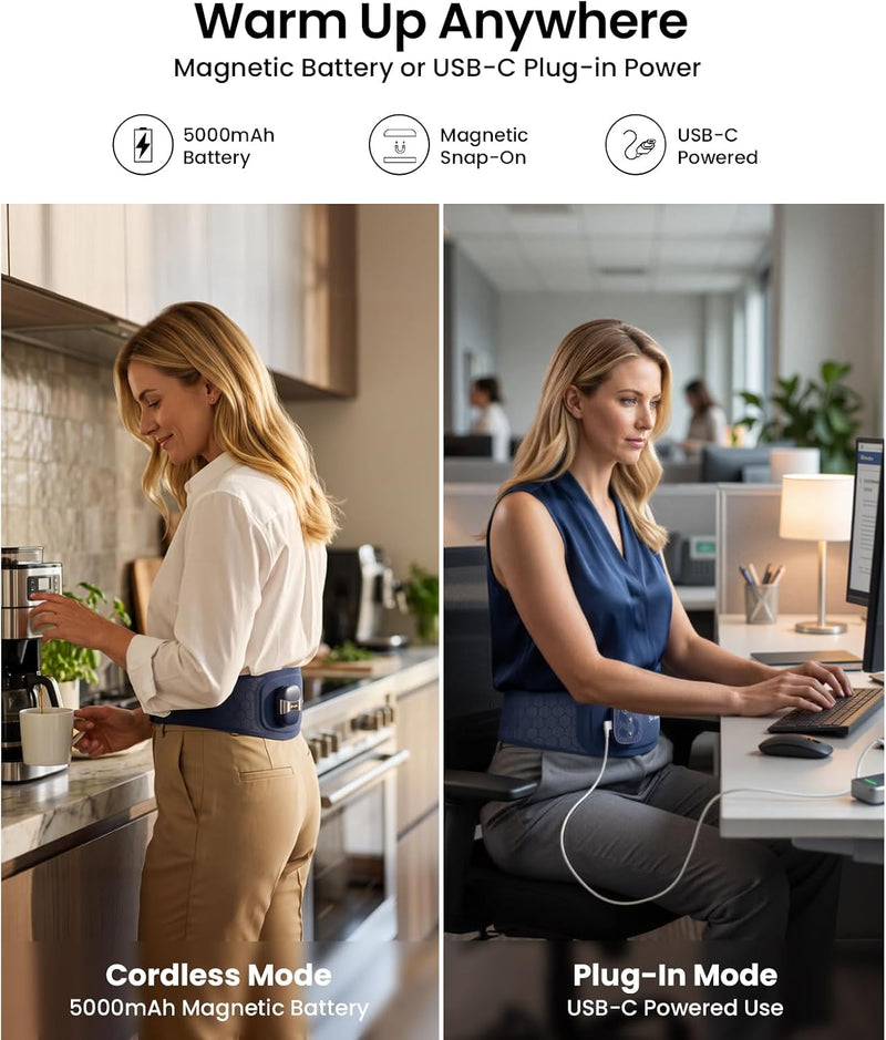 A promotional comparison graphic showing a woman in two settings wearing a blue magnetic battery-operated heating belt. The left panel, labeled 'Cordless Mode', shows her making coffee in a kitchen, with icons above stating 5000mAh battery, magnetic snap-on, and USB-C powered. The image on the right is women wearing the same heating belt at a desk, with text Plug-In mode: USB-C powered use. 