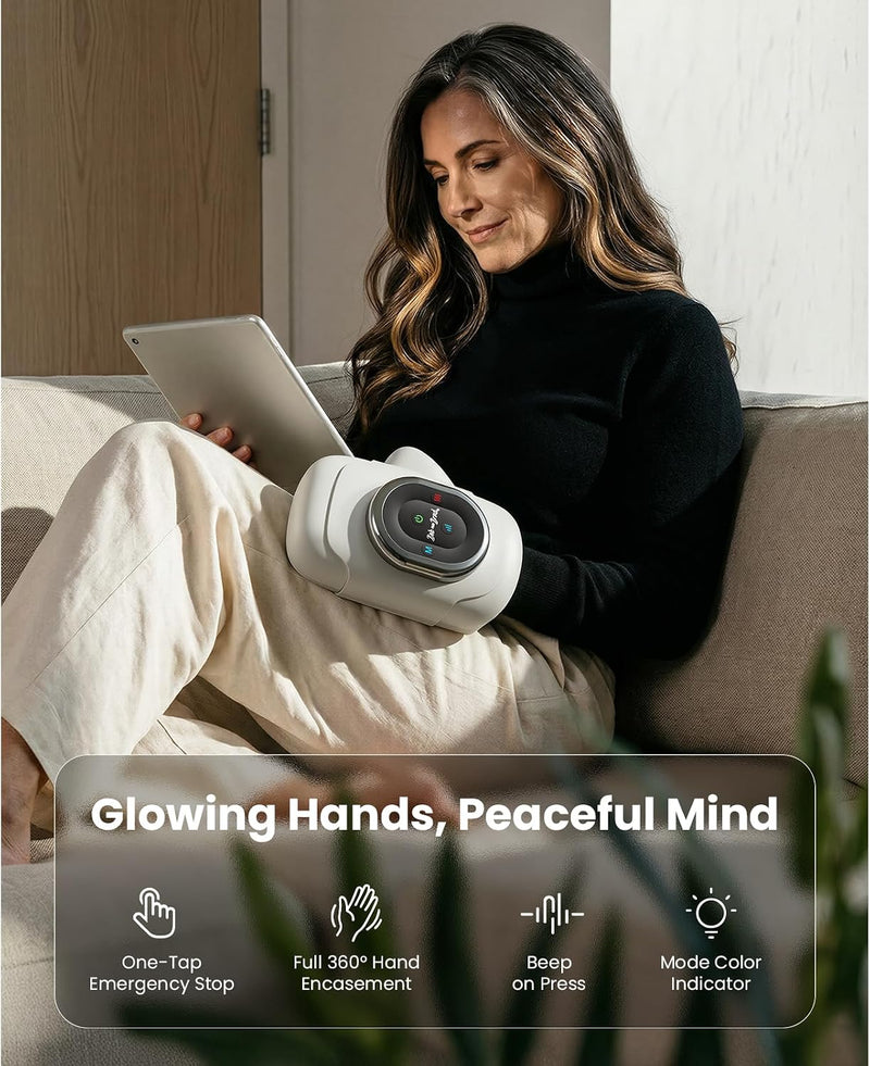 A woman sitting on a couch holds a white hand massager in one hand while using a tablet with the other. The image includes marketing text reading 'Glowing Hands, Peaceful Mind' and One-tap Emergency Stop, Full 360Files/media uploads — images, videos, or documents in your store hand encasement, beep on press, mode color indicator. 