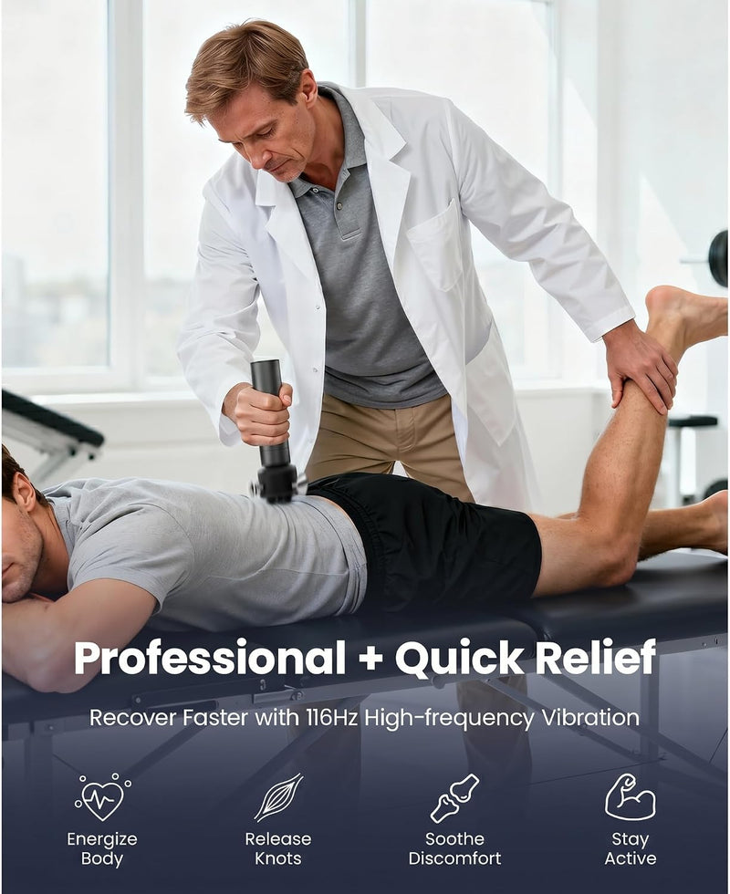 A physiotherapist using the VibeFlow massager on a patient, with text stating: Professional + Quick Relief: recover faster with 116 Hz high-frequency vibration. Energize the body, release knots, soothe discomfort, stay active. 