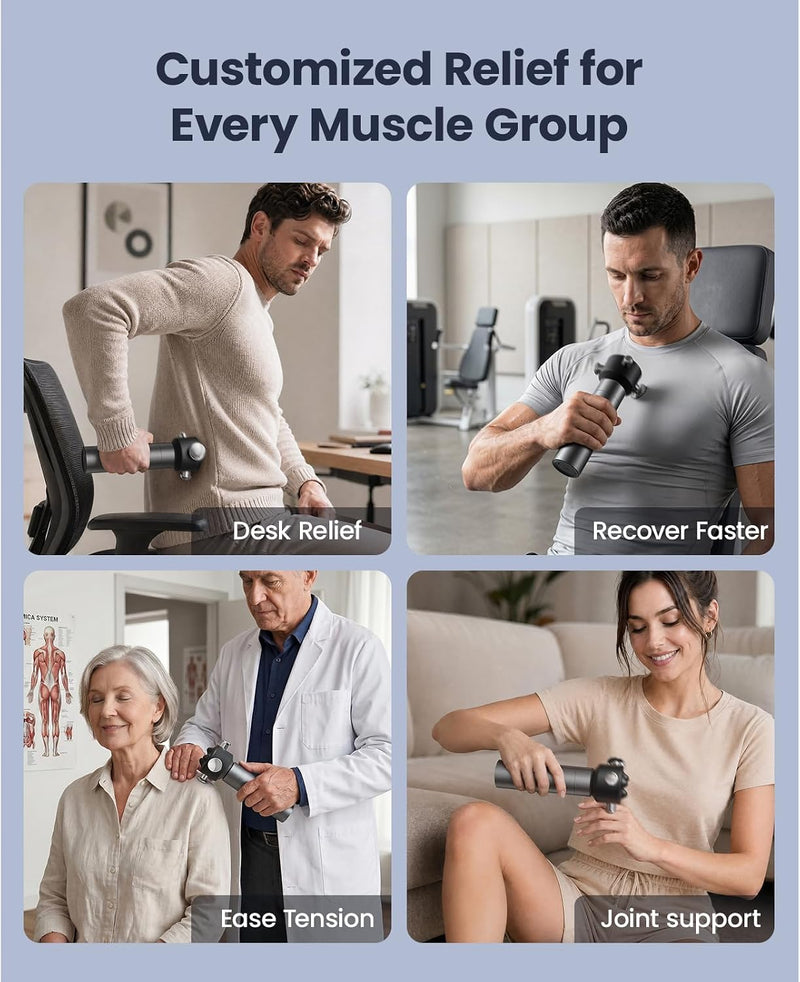 Promotional collage with the headline 'Customized Relief for Every Muscle Group' and four lifestyle panels showing people using the VibeFlow massager for desk relief, recovery, ease of tension, and joint support.