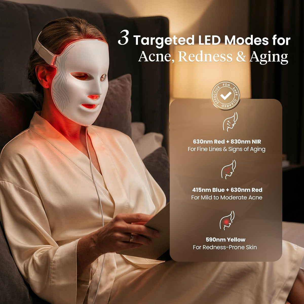A woman in a cream robe sits in a dim bedroom setting, wearing a white LED facial mask that glows red and pink. Text on the right explains the three targeted LED modes for acne (415nm Blue + 630 nm Red), redness (590nm Yellow), and aging (630nm Red + 830nm NIR), with a product info card overlay.
