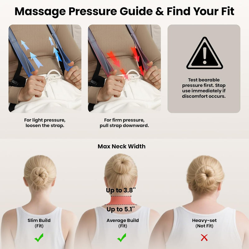 Massage strap pressure guide. Text includes: For light pressure, loosen the strap. For firm pressure, pull the strap downward. Test for bearable pressure first. Stop use immediately if discomfort occurs. Max Neck Width: upper neck up to 3.8" lower neck up to 5.1". 