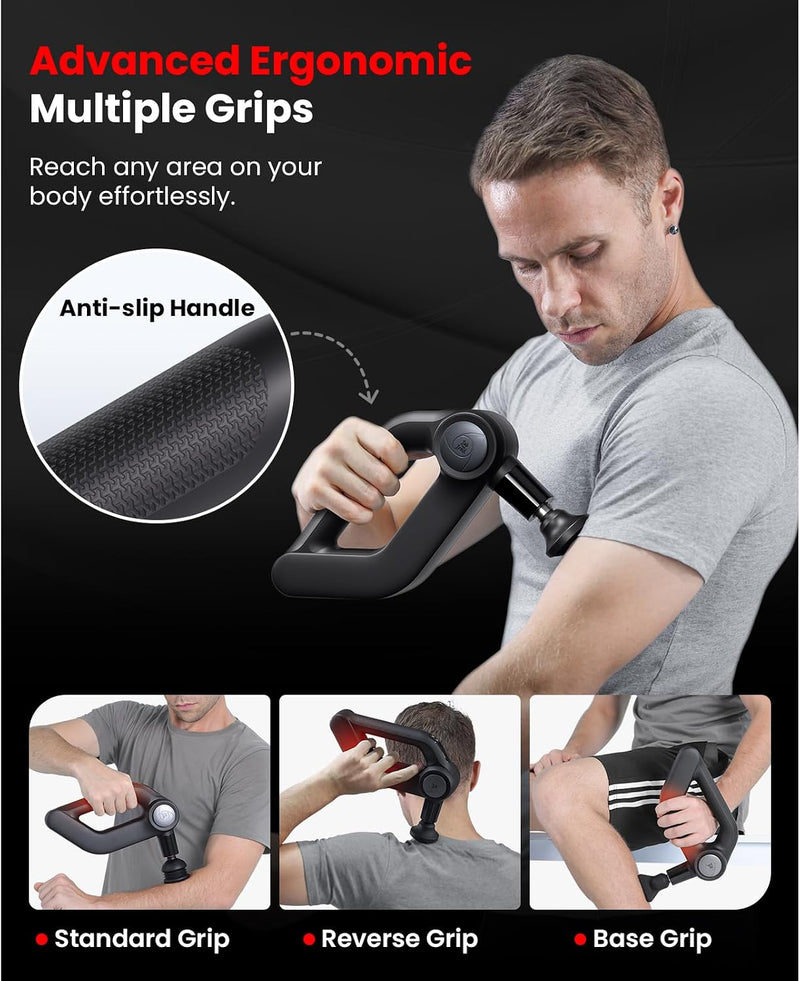 Man using the Bob and Brad massage gun on his bicep, forearm, shoulder, and calf using different grip angles. Text includes: Advanced ergonomics, multiple grips. Reach any area on your body effortlessly. 