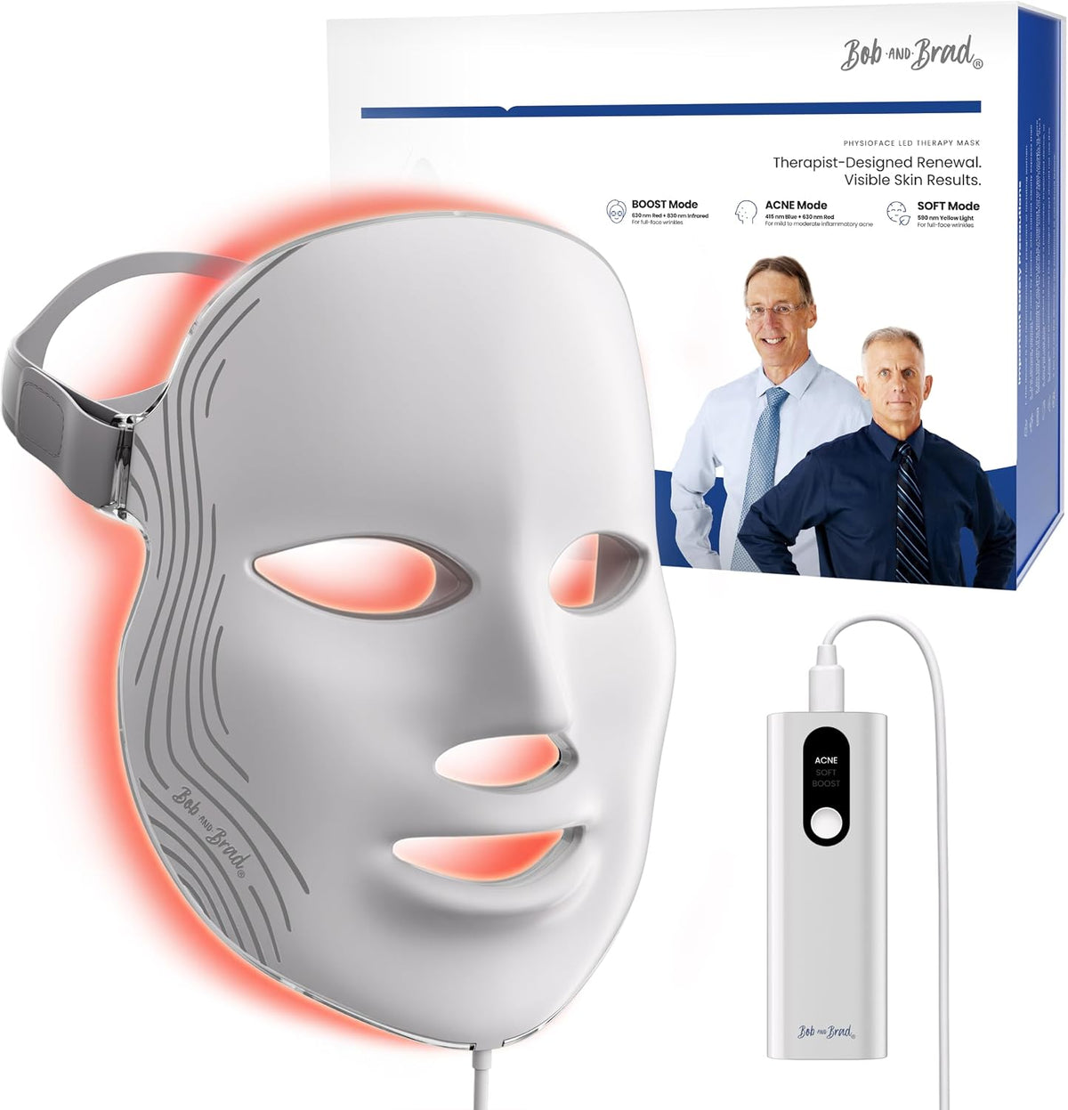A white LED facial therapy mask with a gray headband is shown in front of its retail box and a white handheld controller. The box features the brand name 'Bob and Brad' and includes photos of two men.