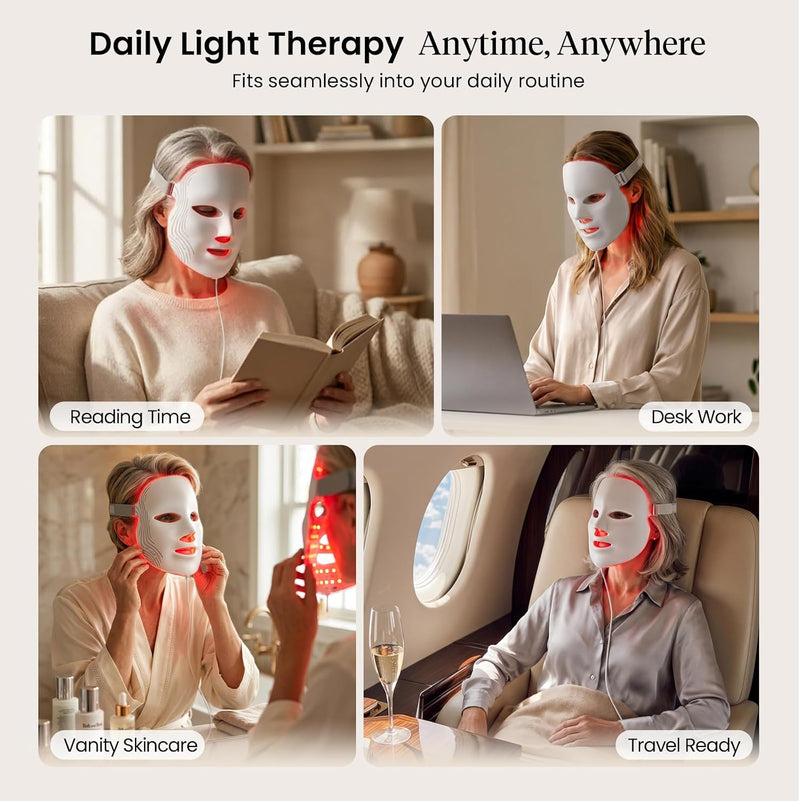 A promotional collage for a daily light therapy mask, showing four lifestyle scenes: reading at home, working at a desk, vanity skincare, and travel on a plane. The top text reads 'Daily Light Therapy Anytime, Anywhere' with the subtitle 'Fits seamlessly into your daily routine.