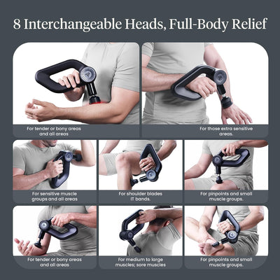 Bob and Brad massage gun with eight interchangeable heads for full-body relief. A head for: tender or bony areas and all areas, for extra sensitive areas, for sensitive muscle groups and all areas, for shoulder blades and IT bands, for pin-points and small muscle groups, for tender or bony areas and all areas, for medium to large muscles/ sore muscles, and pinpoint and small muscle groups.  