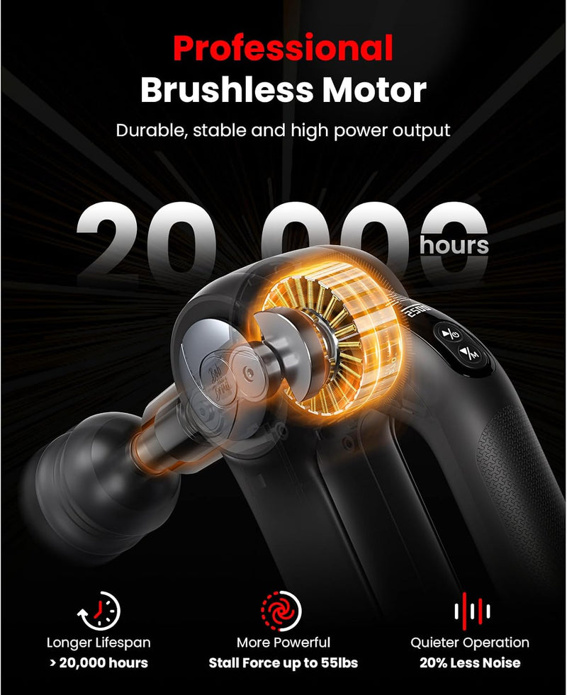 Image of the D6 massage gun brushless motor with text: Professional Brushless Motor: durable, stable, and high power output. Longer Lifespan > 20,000 hours. More powerful stall force up to 55 lbs. Quieter operation 20% less noise. 