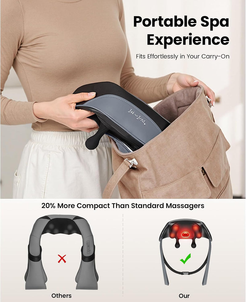 Person holding a portable iNeck massager with text highlighting its compactness and spa experience. Fits effortlessly in your carry-on. 20 more compact than standard massagers. 