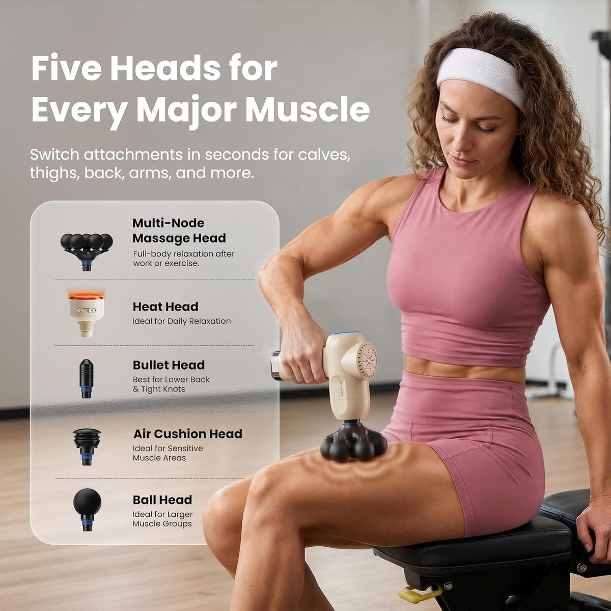 Woman using the beige Bob and Brad C2 Ultra Massage Gun with multi-node attachment on her thigh. Image highlights five interchangeable massage heads: multi-node (full-body relaxation after work or exercise), heat (ideal for daily relaxation), bullet (best for lower back and tight knots), air cushion (ideal for sensitive muscle areas), and ball (ideal for larger muscle groups) for different muscle groups.