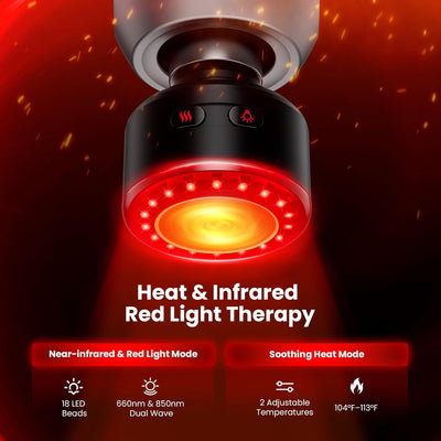 Heat and infrared red light therapy massage head with glowing red light on a dark background. Text includes: Heat & Infrared Red Light Therapy. Near-Infrared & Red Light mode: 18 LED beads, 660nm & 850nm Dual wave. Soothing Heat Mode: 2 adjustable temperatures, 104°F - 113°F. 