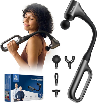 A neck and shoulder massage tool set shown on a white background, including a large close-up of the black handheld device, several interchangeable massage heads, a retail box, and a woman holding the device around her neck.