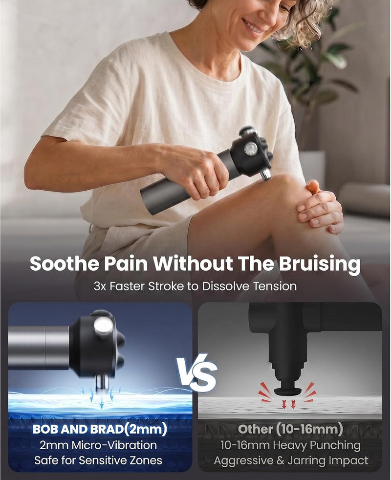 A woman in a white T-shirt is shown using a handheld black and silver massager on her knee in a home setting. The image includes marketing text: Soothe Pain Without The Bruising: 3x Faster Stroke to Dissolve Tension. Bob and Brad (2mm): Micro-Vibration safe for sensitive zones. Others (10-16mm): Heavy punching aggressive & jarring impact 