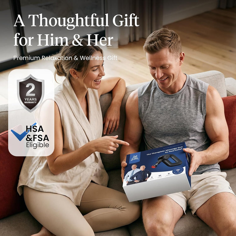 A women laughing and smiling while sitting on a couch with a man holding a box containing the Bob and Brad D6 massage gun. Text includes: A thoughtful gift for him & her. Premium relaxation & wellness gift. 2 year warranty, HSA & FSA Eligible. 
