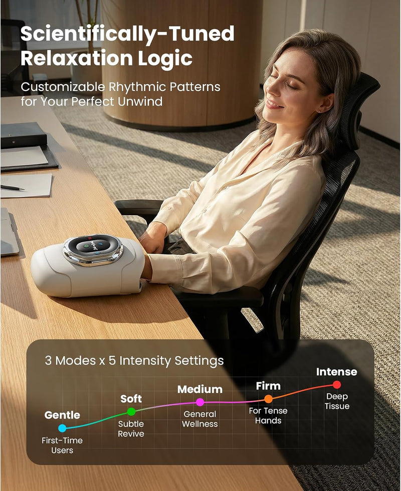 Woman using a hand massager on a desk with text about customizable rhythmic patterns for relaxation. Text includes: Scientifically tuned Relaxation Logic, customizable rhythmic patterns for your perfect unwind. 3 Modes x 5 Intensity settings.