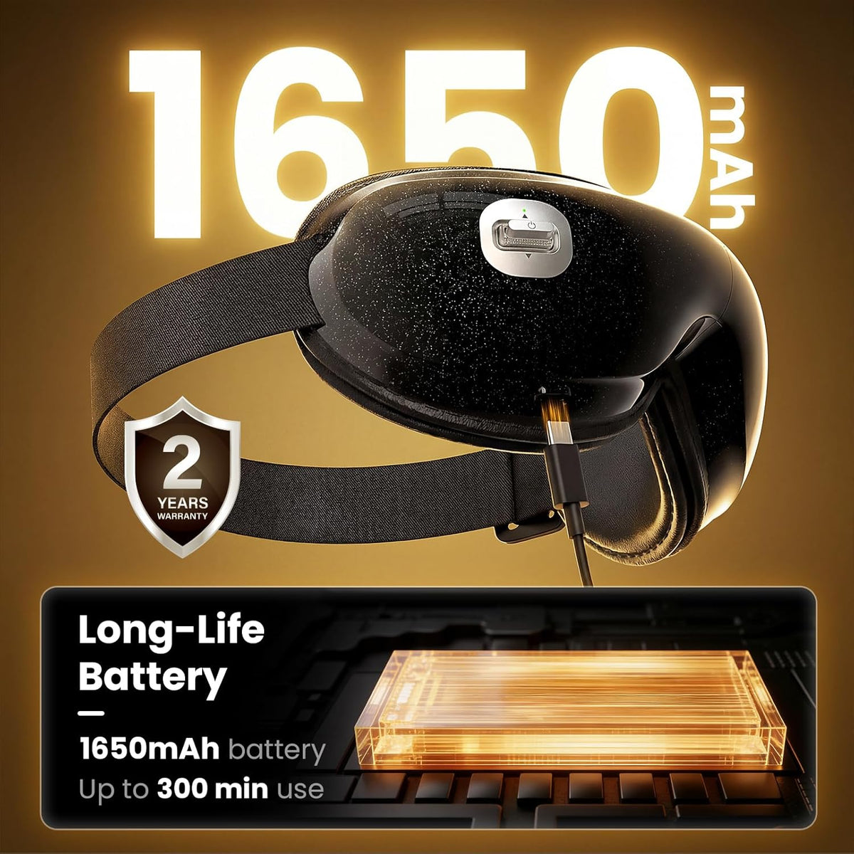 Black eye massager with a 1650 mAh battery and charging cable on a brown background. Text includes: Long-life battery 1650mAh battery, up to 300 min use
