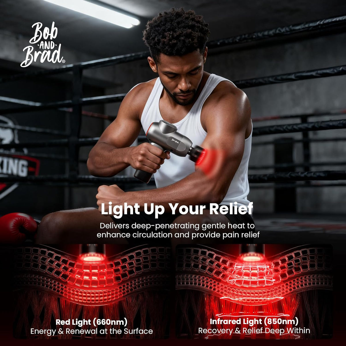 Person using a massage device with text about light therapy in a boxing ring setting. Text includes: Light Up Your Relief delivers deep-penetrating, gentle heat to enhance circulation and provide pain relief. Red Light (660nm) Energy & renewal at the surface. Infrared Light (850nm) recovery & relief deep within. 