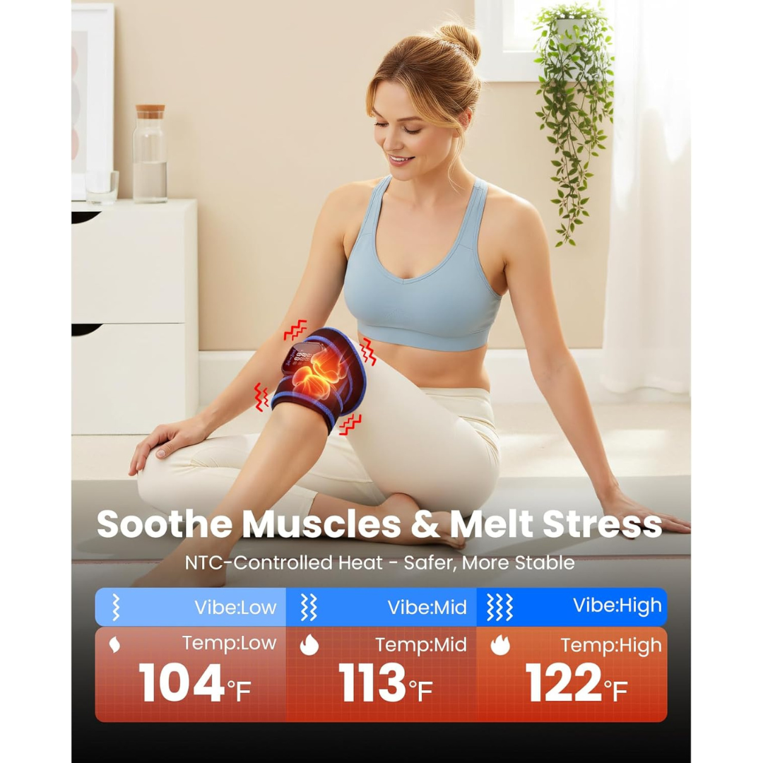 Woman using the TheraHeat Wrist Wrap with temperature control display in a home setting. Text includes: Soothe muscles & melt stress. NTC-controlled heat- safe, more stable. Vibe: low, Temp: low 104°F. Vibe Mid, Temp: Mid 113°F. Vibe: High, Temp: High 122°F. 