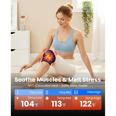 Woman using the TheraHeat Wrist Wrap with temperature control display in a home setting. Text includes: Soothe muscles & melt stress. NTC-controlled heat- safe, more stable. Vibe: low, Temp: low 104°F. Vibe Mid, Temp: Mid 113°F. Vibe: High, Temp: High 122°F. 